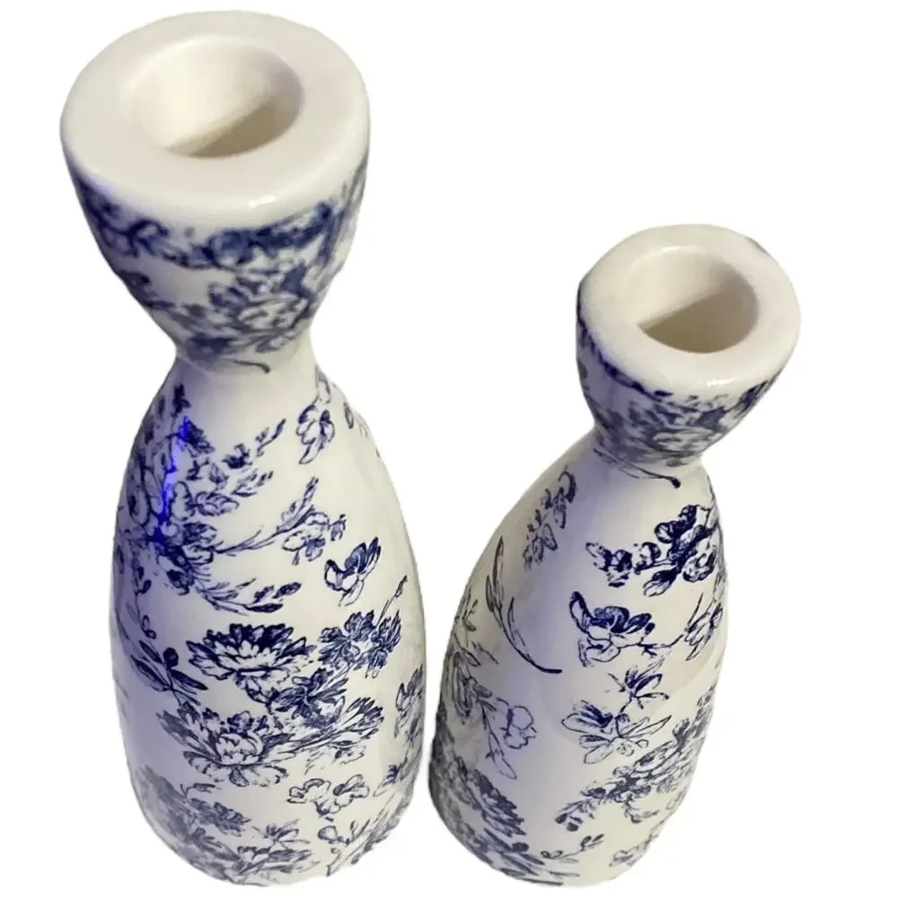 Blue & White Chinoiserie Ceramic Candle Holder Set of 2 - Picture 3 of 3